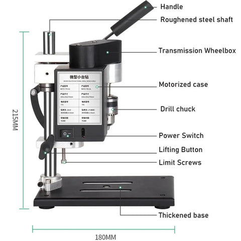 Detailed view of Portable Benchtop Drill Press With Cnc 775 Motor And Flexible Shaft showing components like drill chuck, handle, and power switch.