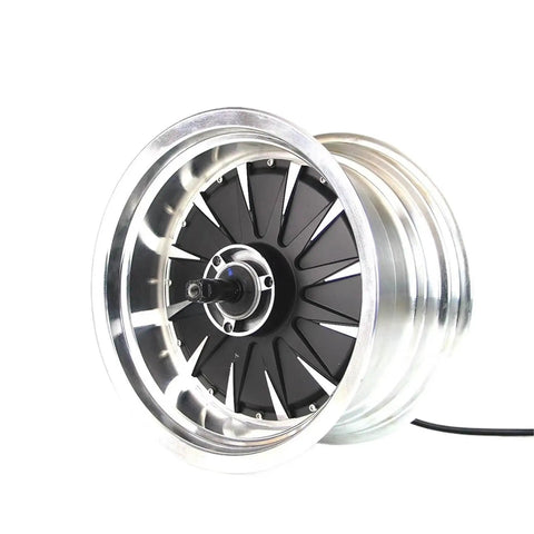 Badass High Output 3000W 72V Bldc In Wheel Hub Motor For Electric Motorcycle delivering ripping 80Kph cruising speed, silver rim and black spokes.