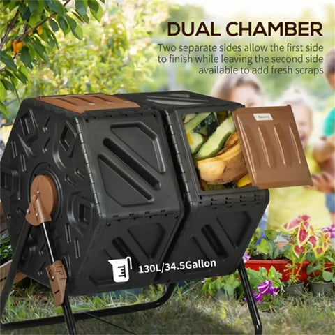 Dual Chamber Compost Tumbler For Backyard And Garden 360 Degree Rotating Design With 24 Aeration Vents 34.5 Gallon High Capacity Outdoor Bin
