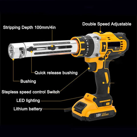 Eiwitany Electric Wire Stripping And Cutting Machine Adjustable Speed Copper Cable Cutter Tool Compact Portable Auto Peeler showing features and controls.