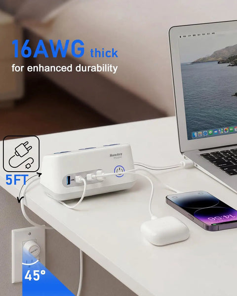 Heavy Duty Desk Power Hub Delivering 100W Fast Usb C Charging With Three Wide Ac Outlets And A Slim Five Foot Flat Cable Perfect For Clutter Free Dorm Rigs And Remote Office Setups Finished In Matte Grey on a desk.