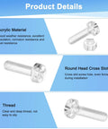 30 Pack Clear Plastic Machine Screws And Hex Nuts Kit M3 X 10mm Cross Recessed Round Head Bolts detailed view of acrylic screws and nuts