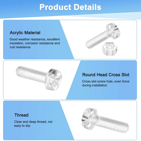 30 Pack Clear Plastic Machine Screws And Hex Nuts Kit M3 X 10mm Cross Recessed Round Head Bolts detailed view of acrylic screws and nuts