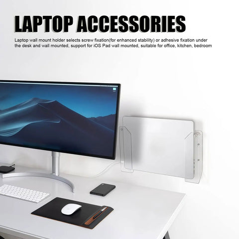 Acrylic Laptop Wall Mount mounted beside computer monitor on a desk, clear design providing ergonomic screen riser space.