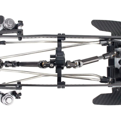 Top view of 70mm Width Transfer Case With Reverse Shaft CNC Aluminum Gearbox installed on 1/10 RC Crawler chassis.