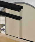 Two Sets Of Four Foot Plastic Sliding Door Track Hardware For One Half Inch Panel Doors Black Includes Upper And Lower Tracks Easy Quick Installation For Cabinet Closet And Glass Sliding Doors, shown installed in a modern closet setup.