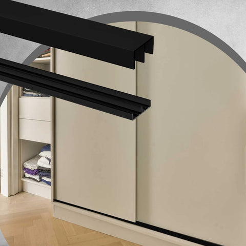 Two Sets Of Four Foot Plastic Sliding Door Track Hardware For One Half Inch Panel Doors Black Includes Upper And Lower Tracks Easy Quick Installation For Cabinet Closet And Glass Sliding Doors, shown installed in a modern closet setup.
