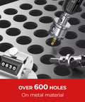 Heavy Duty Three Quarter Inch Hole Saw Kit With Two Piece Carbide Tipped Drill Bits For Metal Stainless Steel Aluminum Plastic And Wood Durable Cutter Set shown drilling metal