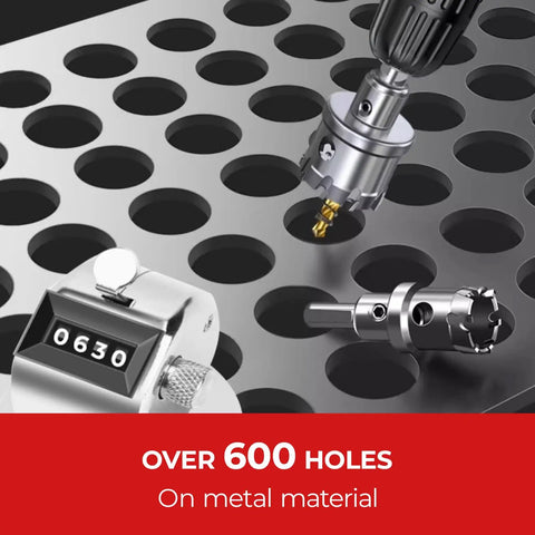 Heavy Duty Three Quarter Inch Hole Saw Kit With Two Piece Carbide Tipped Drill Bits For Metal Stainless Steel Aluminum Plastic And Wood Durable Cutter Set shown drilling metal