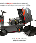Badass 49 Inch Ride On Industrial Floor Sweeper Machine With 26 Gallon Hopper And Water Dust Control Tank Crushing 69000 Square Feet Per Hour For Warehouses Factories And Parking Lots Smooth Operator Design with 48V battery.