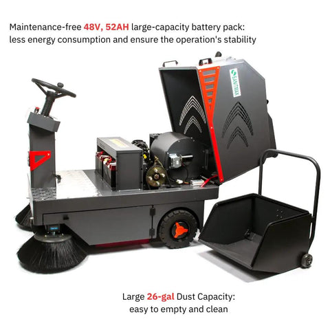 Badass 49 Inch Ride On Industrial Floor Sweeper Machine With 26 Gallon Hopper And Water Dust Control Tank Crushing 69000 Square Feet Per Hour For Warehouses Factories And Parking Lots Smooth Operator Design with 48V battery.