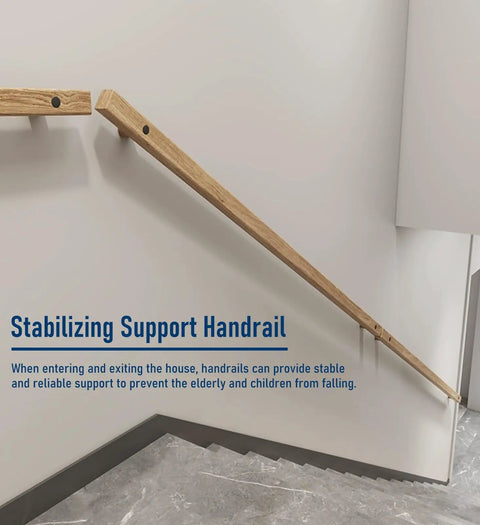 Straight Up Solid Natural Wood Stair Handrail With Non Slip Grip For Indoor Outdoor Stairs Porches Wall Mounted Safety Support Railing 12 Feet Long displaying on a wall next to stairs.