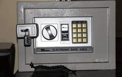 Hotel Safe Lock Extra Security Barrier That Blocks Master Override Keys Prevents Theft And Keeps Your Valuables Safe In Your Room While You Stay Easy To Install And Use visible on electronic safe with keypad and dials.