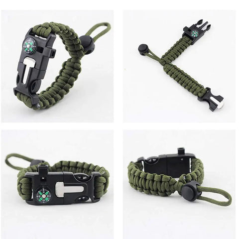 Two Pack Survival Paracord Bracelet With Flint Fire Starter Scraper Compass Whistle And Adjustable Wristband in army green