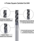 Image of Beefy Four Flute AlTiN Coated Carbide Square End Mill One Quarter Inch detailing features like rigidity and heat resistance.