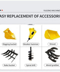 Six attachments for All In One Towable Hydraulic Backhoe Loader For Farm And Construction Mini Front End Loader displayed