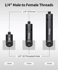 Rugged 15mm Rod Extension Kit With One Two And Three Inch Sections Featuring 1/4 Male To Female Threads, showing threaded rods.