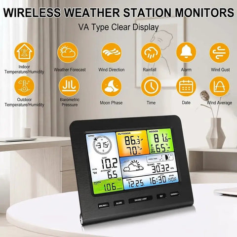 All In One WiFi Weather Station For Home And Garden With Indoor And Outdoor Sensors displayed on table