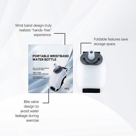 Hands Free Wrist Water Bottle For Running And Cycling With Secure Strap No Sweat Leakproof Design And Silicone Grip packaging