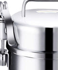Close-up of stainless steel top and lock mechanism of Pro Grade Electric Grain Grinder Mill Stainless Steel Commercial Grinder.