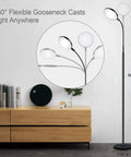 Modern Black LED Floor Lamp That Shines Brighter For Cozy Living Room Ambiance with flexible gooseneck beside wooden cabinet.