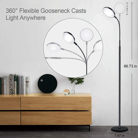 Modern Black LED Floor Lamp That Shines Brighter For Cozy Living Room Ambiance with flexible gooseneck beside wooden cabinet.