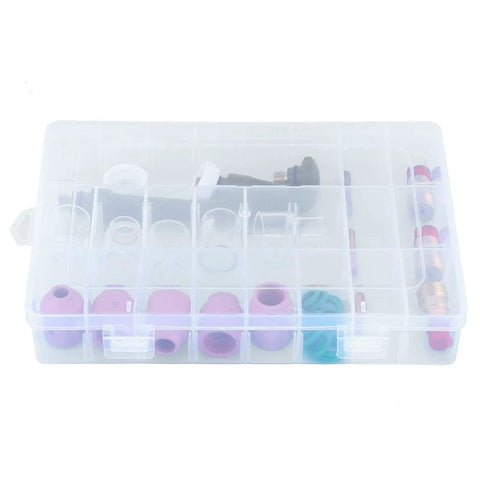 Ultimate 31Pc TIG Welding Nozzle Kit With Ceramic Torch Gas Lens Tips Glass Cups Clamps And Seals For WP-17 18 26 guns in a clear storage box.