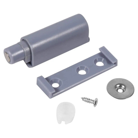 Soft Close Push To Open Damper System For Cabinets And Drawers, Magnetic Buffer Catch, ABS Case, screws, components shown