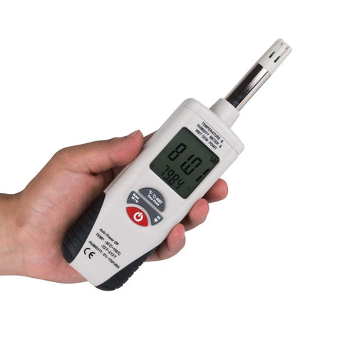 Person holding Handheld Digital Psychrometer With Backlit Display For Humidity And Temperature, Dew Point And Wet Bulb, Fast Ten Second Response, Wide Range 0 To 100 Percent RH And Minus Twenty Two Fahrenheit To Two Hundred Twelve Fahrenheit Battery Included