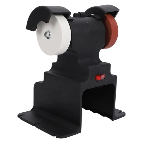 Aramox Cordless Mini Bench Grinder With Powerful Permanent Magnetic Copper Motor And 3mm Metal Protective Cover For Battery Grinding And Polishing Machine Super Durable And Reliable Tool with dual wheels on a sturdy base.