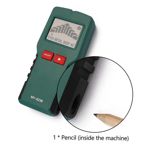Straight Up 4 In 1 Wall Scanner And Stud Finder shows LCD display with on/off buttons and a pencil holder for easy use.