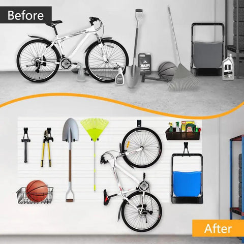 Slatwall Panel 6 By 24 Inch PVC Wall Mounted Slat Wall Rack For Garage Organization Pro Grade White Waterproof Fire Resistant Panel System Ideal For Home Garage Workshop Storage And Retail Display showing a before and after organization with tools and a bicycle.