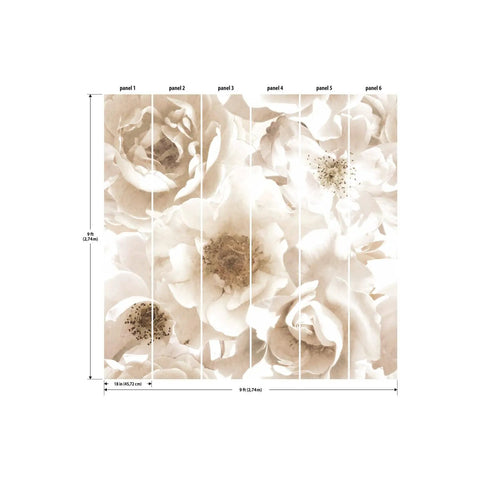 Diagram of creamy floral peel and stick wallpaper mural 9 feet wide by 9 feet high, showing six 18-inch wide panels