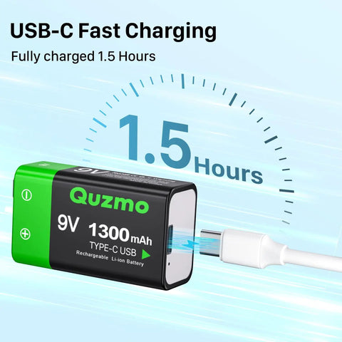 4 Pack Rechargeable 9V Batteries Featuring 1300mAh Lithium Ion Juice And Usb C Built In Port With Led Charging Lights For Trouble Free Top Ups That Keep Smoke Alarms Running Smooth Daily, showing USB-C fast charging in 1.5 hours.