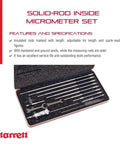 Beefy Solid Rod Inside Micrometer Set With Case And Insulated Rods, Quick Reading Figures, Hardened And Ground Anvils, 2 To 12 Inch Range, 0.001 Inch Graduation, Padded Carry Case, Model 124BZ displayed with open carry case and measuring tools