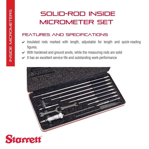 Beefy Solid Rod Inside Micrometer Set With Case And Insulated Rods, Quick Reading Figures, Hardened And Ground Anvils, 2 To 12 Inch Range, 0.001 Inch Graduation, Padded Carry Case, Model 124BZ displayed with open carry case and measuring tools