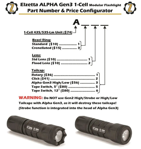 Alpha Gen3 A-112 1-Cell Flashlight with pricing configurator showing bezel ring, lens, tailcap options.