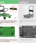 Comparison of green folding mobile platform trolley with thickened reinforced base to other dolly cart with thin base