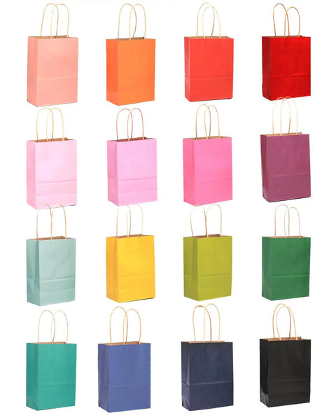 32 Pack Mini Paper Gift Bags With Handles, 6x4.5x2.5 Inch Brown Kraft Party Favor Bags, 16 Rainbow Color Options shown in grid