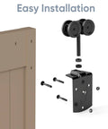 Exterior Sliding Barn Door Hardware Kit With Box Rail Hangers, Black Finish, installation components, easy assembly view.