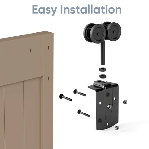 Exterior Sliding Barn Door Hardware Kit With Box Rail Hangers, Black Finish, installation components, easy assembly view.