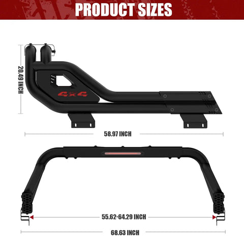 Product sizes for Heavy Duty Universal Truck Bed Roll Bars Adjustable Sport Chase Rack For Midsize Pickup Rigs.