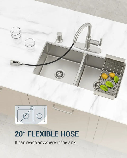 Vintage Style Kitchen Faucet With Built In Soap Dispenser No Fuss Single Handle High Arc Pull Down Sprayer Antique Look Brushed Nickel APS136 over double sink with 20-inch flexible hose