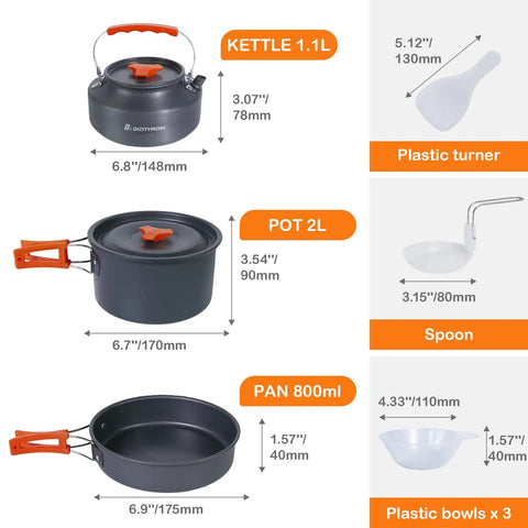 Image of 10 Piece Camping Cookware Set With 2L Pot, 0.8L Fry Pan And 1.1L Kettle Plus 3 bowls, spoon, turner, and mesh bag