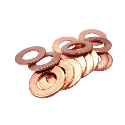 Flat Copper Washers Solid Gasket Kit M5 M14 280 Pieces Set for Sump Plugs Oil Usage and Engines High Heat Resistant Stops Leaks and Keeps Things Running Smoothly Makes Auto Repair a Breeze for Folks Hunting Down Sweet Gear They Can Rest Easy Daily. copper washers arranged on white background