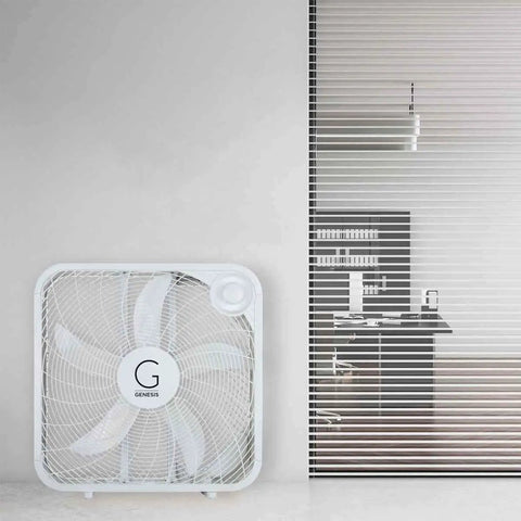 Genesis 20 Inch High Velocity Box Fan With Three Speed Settings And Go To Cooling Tech Durable Copper Motor next to a modern interior