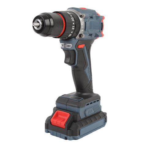 Rock Solid Brushless Cordless Drill With 1500 Rpm And 25 Torque Settings, compact design, ergonomic handle, and 2000 mAh battery.