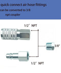 Seven Piece One Half Inch NPT Air Coupler Plug Set For Air Compressors And Hoses With Quick Connect Fittings, showing 1/2 and 3/8 NPT adapters