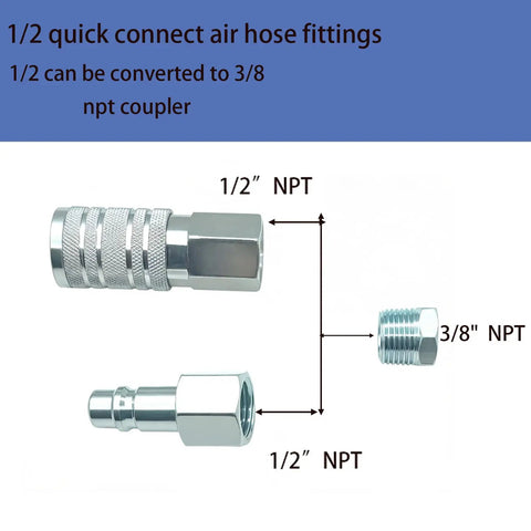 Seven Piece One Half Inch NPT Air Coupler Plug Set For Air Compressors And Hoses With Quick Connect Fittings, showing 1/2 and 3/8 NPT adapters