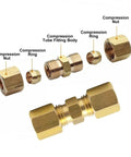 Brass compression tube fittings union, 1/4 in OD x 1/4 in OD, pack of 2, exploded view with nuts, rings, and body
